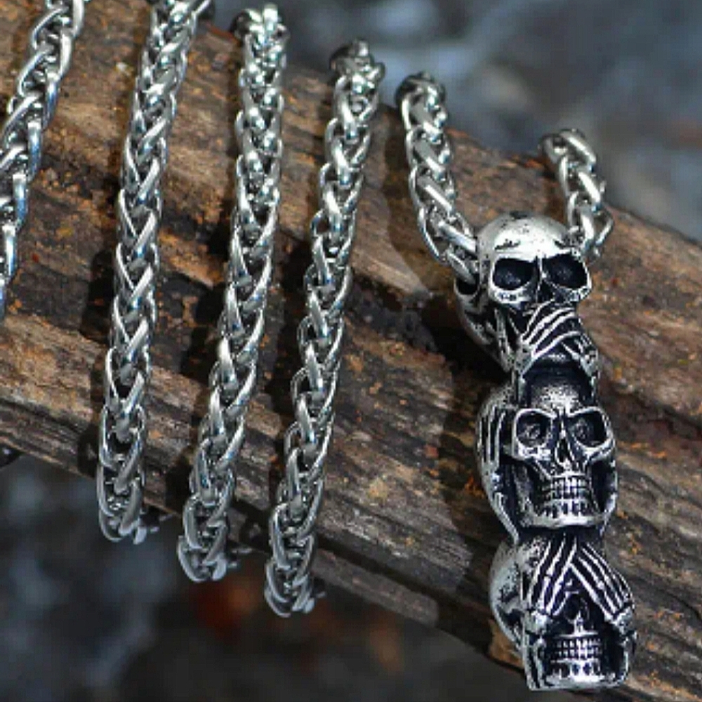 New! MEN'S See, Hear, Speak No Evil Skull Stack Pendant Necklace.